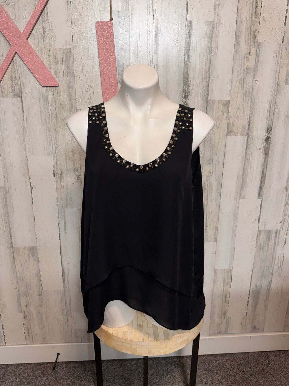 New York & Company Layered Chiffon Tank Top Womens XL Black Studded Blouse - Picture 6 of 8